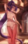  1girl arm_behind_head arm_up armlet armpits artist_name blue_eyes blurry blurry_background bracer breasts choker circlet collarbone commentary crotchless crotchless_pants dancer depth_of_field earrings erection futanari harem_pants high_ponytail highres hoop_earrings jewelry light_smile long_hair looking_at_viewer navel necklace nipples nude pants penis personal_ami pointy_ears ponytail purple_choker see-through shantae shantae_(series) small_breasts solo testicles transparent_harem_pants uncensored very_long_hair 