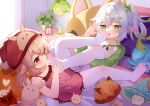  2girls bangs blonde_hair bow commentary_request cross-shaped_pupils dodoco_(genshin_impact) genshin_impact gradient_hair green_bow green_eyes green_hair grey_hair hair_between_eyes hair_bow hair_ornament hairclip hat highres indoors klee_(genshin_impact) lingerie long_sleeves multicolored_hair multiple_girls nahida_(genshin_impact) negligee nightcap nightstand no_shoes on_bed pantyhose photo_(object) pillow pointy_ears red_eyes red_headwear shirt side_ponytail symbol-shaped_pupils tsubasa_tsubasa underwear white_pantyhose white_shirt yuri 