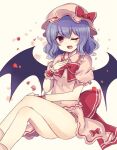  1girl ;d ass bat_wings black_wings bow bowtie fang looking_at_viewer one_eye_closed open_mouth pink_shirt purple_hair red_bow red_bowtie red_eyes remilia_scarlet shirt short_hair short_sleeves simple_background sitting smile solo subaru_(subachoco) touhou white_background wings 