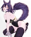  1girl animal_ears arknights bangs black_hair black_thighhighs blush breasts cat_ears cat_girl cat_tail gloves highres kneeling kochiya_(gothope) leotard looking_at_viewer open_mouth rockrock_(arknights) short_hair small_breasts solo strapless strapless_leotard tail thighhighs white_background white_gloves yellow_eyes 