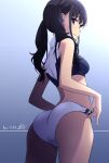  1girl ass black_hair blue_background blush breasts closed_mouth from_behind gradient gradient_background highres inoue_takina looking_at_viewer lycoris_recoil medium_breasts medium_hair nii_manabu purple_eyes solo sports_bra standing thighs twintails 
