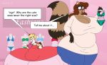  &copy; 2017 anthro belly big_breasts big_butt bikini blonde_hair blush bottomwear bracelet breasts brown_eyes brown_hair butt calico_cat clothing digital_media_(artwork) domestic_cat duo english_text felid feline felis female fur green_eyes hair haleigh_(satsumalord) hanger hi_res huge_breasts huge_butt huge_thighs hyper hyper_butt hyper_thighs jewelry long_sleeves mammal mottled nina_(satsumalord) open_mouth overweight overweight_anthro overweight_female pants piebald procyonid raccoon satsumalord shirt speech_bubble spots spotted_body spotted_fur swimwear symbol text thick_thighs topwear wide_hips 