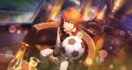  1boy ahoge aoi_kyosuke ball chair fingernails hair_between_eyes highres holding holding_ball idolmaster idolmaster_side-m idolmaster_side-m_growing_stars long_sleeves looking_at_viewer male_focus official_art orange_hair shiny sitting smile soccer_ball 