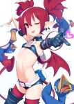  1girl armlet ataruman bat_wings belt bird black_choker black_footwear black_gloves black_shorts blush boots choker closed_mouth demon_girl demon_tail demon_wings disgaea earrings elbow_gloves etna_(disgaea) flat_chest gloves highres jewelry looking_at_viewer makai_senki_disgaea mini_wings navel o-ring o-ring_choker one_eye_closed open_mouth penguin pointy_ears prinny red_eyes red_thighhighs ribs short_shorts shorts single_glove skinny skull_earrings smile solo spiked_hair stitches tail thigh_boots thighhighs tongue tongue_out twintails wings 