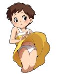  1girl blush bow bow_panties brown_hair dress kusakabe_satsuki looking_at_viewer navel open_mouth panties short_hair simple_background solo tonari_no_totoro underwear very_short_hair white_background white_panties wind wind_lift yuuya_(blue_scarab) 