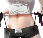  .live 1girl belt breasts gloves groin half_gloves head_out_of_frame highres medium_breasts midriff mokota_mememe navel partially_fingerless_gloves short_shorts shorts solo suspenders_pull tama_(tamago) virtual_youtuber 