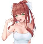  1girl artist_name bare_arms bare_shoulders blush bow breasts brown_hair camisole cleavage collarbone commission doki_doki_literature_club green_eyes hair_bow hair_intakes hand_up holding holding_pen long_hair looking_at_viewer matrix16 monika_(doki_doki_literature_club) open_mouth pen photoshop_(medium) ponytail sidelocks solo strap_slip tongue tongue_out upper_body white_bow 