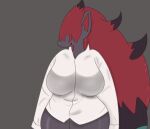  absurd_res animal_humanoid anthro big_breasts bottomless breasts canid canid_humanoid canine canine_humanoid clothed clothing female female/female fox_humanoid front_view fur generation_5_pokemon grey_body grey_fur hair hair_over_eye hi_res huge_breasts humanoid mammal mammal_humanoid miyang_draws! nintendo one_eye_obstructed onesie pokemon pokemon_(species) red_hair shirt simple_background smile solo topwear video_games white_clothing white_shirt white_topwear zoroark 