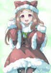  1girl absurdres aoba_kokona black_pantyhose bow brown_hair green_bow hair_ornament hairclip hat highres long_hair looking_at_viewer open_mouth pantyhose red_eyes santa_costume simple_background snow solo syatiten yama_no_susume 