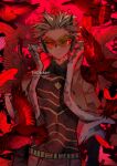  1boy belt bird boku_no_hero_academia closed_mouth feathers flying glasses hawks_(boku_no_hero_academia) headphones jacket kadeart looking_at_viewer male_focus red_feathers red_theme serious shirt solo upper_body 