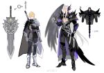  2boys alternate_universe armor blonde_hair cape cloud_strife final_fantasy final_fantasy_vii gauntlets gloves greatsword grey_hair highres knight long_hair multiple_boys pauldrons sephiroth shoulder_armor single_pauldron single_wing spiked_pauldrons sword weapon wings xianyu314 