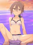  1girl ahoge bikini bikini_shorts blush breasts brown_hair closed_mouth do_it_yourself!! evening in_water looking_at_viewer navel ocean outdoors red_eyes shiny shiny_hair shorts sitting sky small_breasts solo swimsuit white_shorts yontomapochi yua_serufu 