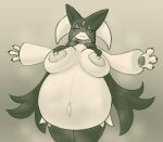  2022 3_fingers anthro belly big_breasts breasts bumpywish cape claws clothing felid female fingers generation_9_pokemon green_background half-closed_eyes hi_res huge_breasts mammal mask meowscarada monochrome narrowed_eyes nintendo pokemon pokemon_(species) pregnant simple_background smile solo standing video_games 