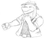  2016 alligator alligatorid anthro biped brok_(character) brok_the_investigator clothing crocodilian diaminerre hat headgear headwear humanoid_hands monochrome reptile scalie shirt simple_background solo topwear video_games 