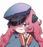  1girl armband bangs blue_archive blush collared_shirt commentary_request grey_eyes hair_ornament hat iroha_(blue_archive) long_hair long_sleeves looking_at_viewer meng_yin military military_hat military_uniform open_mouth peaked_cap red_hair shirt simple_background solo uniform upper_body wavy_hair white_background 