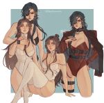  2girls absurdres artist_name bare_shoulders bbybluemochi belt black_hair black_nails breasts brown_hair cleavage earrings eyepatch garter_straps genderswap genderswap_(mtf) grey_eyes hair_over_one_eye highres hua_cheng jewelry long_hair looking_at_viewer medium_breasts multiple_girls multiple_views parted_lips sitting standing thigh_strap thighhighs tian_guan_ci_fu white_thighhighs wristband xie_lian yuri 