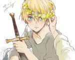  1boy blonde_hair blue_eyes closed_mouth dated father&#039;s_day flower gensou_suikoden gensou_suikoden_v looking_at_viewer male_focus natsuo_(hatohaco) simple_background sword weapon white_background 