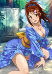 1girl bachou_mouki bangs bare_legs blue_kimono blue_scrunchie breasts brown_eyes brown_hair cleavage collarbone day floral_print hair_ornament hair_scrunchie hairclip high_ponytail ikkitousen japanese_clothes kimono large_breasts long_hair looking_at_viewer naked_kimono obi open_mouth outdoors print_kimono sash scrunchie shiny shiny_hair shiny_skin solo sunlight swept_bangs wavy_mouth 