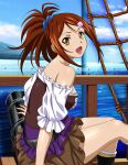  1girl :d bachou_mouki bangs black_footwear blue_scrunchie blue_sky boots brown_eyes brown_hair brown_skirt bustier day floating_hair from_side hair_ornament hair_scrunchie hairclip ikkitousen long_hair looking_at_viewer miniskirt ocean off-shoulder_shirt off_shoulder open_mouth outdoors pirate_costume ponytail scrunchie shiny shiny_hair shirt sitting skirt sky smile solo swept_bangs white_shirt 