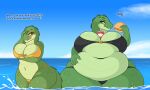  2022 4_fingers anthro belly between_breasts beverage big_belly big_breasts bikini black_bikini black_clothing black_swimwear blepwep blue_sky blush breasts burger clothed clothing cloud container crocodile crocodilian crocodylid cup daughter dialogue digital_media_(artwork) duo eating english_text eyelashes female fingers food green_body green_scales hi_res holding_burger holding_food holding_object huge_breasts mother mother_and_child mother_and_daughter nipple_outline non-mammal_breasts obese obese_anthro obese_female overweight overweight_anthro overweight_female parent parent_and_child partially_submerged reptile scales scalie sky swimwear text thick_thighs water yellow_bikini yellow_clothing yellow_swimwear 