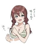  1girl bikini blue_eyes blush breasts brown_hair cleavage collarbone cropped_torso dot_nose emma_verde freckles hair_between_eyes heart highres large_breasts long_hair looking_at_viewer love_live! love_live!_nijigasaki_high_school_idol_club low_twintails open_mouth sketch smile solo striped striped_bikini swimsuit tata_(tataice) translated twintails two-tone_bikini undressing unfinished white_background 