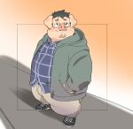  2022 anthro belly big_belly bottomwear clothing domestic_pig eyewear glasses hi_res hoodie inunoshippo kemono male mammal overweight overweight_male pants shirt solo suid suina sus_(pig) topwear 