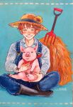  animal black_footwear blue_background blush boots closed_eyes denim facing_viewer flower freckles hat hat_flower hay highres holding holding_animal long_sleeves looking_at_viewer original overalls painting_(medium) pig pitchfork plaid plaid_shirt red_hair shirt sitting smile solo straw_hat sun_hat traditional_media yamatotsubame 