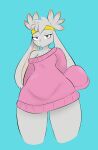  2021 absurd_res accessory anthro blue_background clea_(plantedpot) clothed clothing ear_tuft female floppy_ears fur generation_8_pokemon glare hair head_tuft headband hi_res highlights_(coloring) lagomorph long_ears long_sleeves looking_at_viewer lop_ears mammal nintendo off_shoulder pink_clothing pink_sweater pink_topwear plantedpot pokemon pokemon_(species) portrait raboot red_highlights simple_background solo sweater three-quarter_portrait topwear tuft video_games white_body white_fur white_hair 