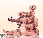  2022 absurd_res anthro big_breasts big_tail breasts brown_body brown_eyes brown_scales claws digital_drawing_(artwork) digital_media_(artwork) feet female hand_on_breast happy hi_res long_tail looking_at_viewer nipples nude raptor_claws reptile scales scalie serpentine side_view simple_background sitting sitting_on_tail smile smiling_at_viewer snake solo thick_thighs toe_claws toes uid 