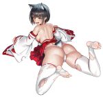  1girl animal_ear_fluff animal_ears ass back bangs battle_damage black_hair blush bob_cut breasts cameltoe defeat detached_sleeves fangs feet from_behind full_body fundoshi game_cg hakama hakama_short_skirt hakama_skirt highres injury japanese_clothes last_origin looking_at_viewer looking_back lying median_furrow medium_breasts miniskirt nontraditional_miko official_alternate_costume official_art on_ground open_mouth red_ribbon red_skirt ribbon ribbon-trimmed_legwear ribbon_trim short_hair shoulder_blades sideboob simple_background skindentation skirt slit_pupils solo tabi tachi-e taesi tail tearing_up thick_eyebrows thighhighs torn_clothes torn_legwear torn_sleeves torn_thighhighs transparent_background vargr_(last_origin) white_thighhighs wolf_ears wolf_tail yellow_eyes 