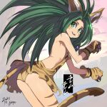  1girl :d animal_ear_fluff animal_ears animal_hands animal_print arms_up ass bangs breasts cat_ears cat_girl cat_tail cham_cham dated gloves green_eyes green_hair jewelry long_hair looking_at_viewer open_mouth paw_gloves pointy_ears samurai_spirits shope small_breasts smile solo tail teeth tiger_print very_long_hair 