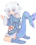  1girl blue_eyes blue_socks blush chaosexceed gawr_gura grey_hair highres hololive hood hoodie looking_at_viewer multicolored_hair no_shoes shark_girl sitting smile socks twintails virtual_youtuber white_hair 