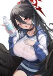 1girl black_wings blue_archive blue_jacket blush bottle breasts choker collarbone gym_shorts halo hasumi_(blue_archive) hasumi_(gym_uniform)_(blue_archive) highres holding holding_bottle jacket large_breasts long_hair looking_at_viewer mole mole_under_eye open_mouth plastic_bottle ponytail red_eyes runa_(user_guwn7382) see-through see-through_shirt shirt shorts simple_background solo track_jacket very_long_hair water_bottle white_background white_shirt wings 