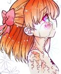  1girl artist_request bangs blue_eyes bow character_request copyright_request crying crying_with_eyes_open flower from_side hair_between_eyes hair_bow long_hair non-web_source puzzle_piece_print source_request tears upper_body white_background 