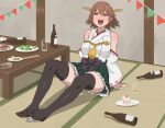  1boy 1girl birthday_cake blush bottle breasts brown_hair cake detached_sleeves drunk food glass green_skirt headgear hiei_(kancolle) hiei_kai_ni_(kancolle) indoors kantai_collection large_breasts miniboy no_shoes nontraditional_miko okubyouha55 open_mouth ribbon-trimmed_sleeves ribbon_trim short_hair size_difference skirt t-head_admiral thighhighs 