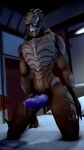  3d_(artwork) absurd_res alien bed big_penis blue_penis bodily_fluids digital_media_(artwork) dripping erection furniture garrus_vakarian genital_fluids genitals hand_on_penis hi_res kneeling knot male mass_effect not_furry nude on_bed penile penis pillow precum precum_drip rush2112 solo source_filmmaker turian video_games visor 