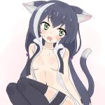  1girl animal_ears bangs black_hair blush bow breasts cat_ears cat_girl cat_tail check_commentary cleavage commentary commentary_request drooling garter_straps green_eyes hair_bow highres karyl_(princess_connect!) knees long_hair looking_away multicolored_hair navel open_clothes open_mouth open_shirt princess_connect! shirt simple_background sitting small_breasts streaked_hair sweat tail tekisui white_background white_shirt 