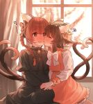  2girls absurdres animal_ears backlighting bangs bloom blunt_bangs blurry blurry_background blush bow bowtie braid brooch brown_hair cat_ears cat_girl cat_tail chen closed_eyes curtains depth_of_field dress earrings extra_ears friends full-face_blush gem gold_trim heart heart_tail highres holding_hands jewelry kaenbyou_rin licking licking_another&#039;s_face light_particles masanaga_(tsukasa) multiple_girls multiple_tails nekomata profile puffy_sleeves red_dress red_eyes red_hair short_hair single_earring sitting spoken_heart tail touhou tree twin_braids two_tails white_bow white_bowtie window yuri 