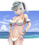  1girl antenna_hair bikini blue_eyes bracelet breasts cloud cowboy_shot dennou_shoujo_youtuber_siro detached_sleeves frilled_bikini frills grey_hair hair_ornament hairclip hands_on_hips highres jewelry medium_breasts ocean one_side_up short_sleeves siro_(dennou_shoujo_youtuber_siro) smile solo swimsuit tama_(tamago) virtual_youtuber white_bikini wristband 