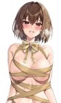  1girl absurdres bangs blush bound breasts brown_eyes brown_hair commission grin hair_intakes heavy_breathing highres large_breasts lips looking_at_viewer naked_ribbon original ribbon ribbon_bondage seductive_smile short_hair smile solo teeth vitaminechan wrapped_up 