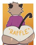  2022 absurd_res ambiguous_gender anthro big_butt biped butt clothing digital_media_(artwork) domestic_cat felid feline felis hi_res huge_butt legwear looking_away mammal purplebubble rear_view simple_background solo sweater thick_thighs thigh_highs topwear underwear wide_hips 
