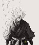  1boy absurdres black_robe burning curly_hair gabimaru hair_over_one_eye highres jigokuraku looking_at_viewer madishon monochrome robe short_hair simple_background solo spot_color white_background white_hair yellow_eyes 