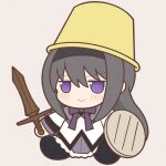  1girl akemi_homura black_hair black_hairband blush bucket bucket_on_head chibi closed_mouth hairband holding holding_shield holding_sword holding_weapon looking_at_viewer mahou_shoujo_madoka_magica object_on_head purple_eyes shield sitting smile solo sword weapon yuno385 