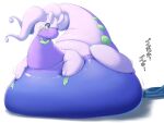  2018 absurd_res ambiguous_gender antennae_(anatomy) belly belly_inflation big_belly blush feral generation_6_pokemon glistening goodra green_eyes hi_res hose hose_inflation hyper hyper_belly immobile inflation japanese_text looking_back lying motion_lines nintendo obese on_front overweight pokemon pokemon_(species) purple_body simple_background slime solo sound_effects text thick_tail thick_thighs translucent video_games water_inflation yosioka_san 