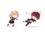 1boy 1girl ahoge angry black_thighhighs blank_eyes blazer blonde_hair bow bowtie button_up_skirt chibi clenched_hands diabolik_lovers flower hair_flower hair_ornament jacket komori_yui layered_skirt loose_necktie motion_blur necktie open_mouth pants pants_rolled_up partially_unbuttoned punching red_bow red_bowtie red_hair red_necktie sakamaki_ayato school_uniform shaded_face skirt sleeve_cuffs tamagoyaki_(megane-daisuki) thighhighs wavy_hair white_background 