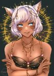  1girl absurdres animal_ears bangs biting breasts cat_ears collarbone crossed_arms dress earrings facial_mark final_fantasy final_fantasy_xiv gold_earrings gold_nails gold_necklace grey_eyes highres jewelry lip_biting looking_to_the_side medium_breasts miqo&#039;te necklace pixie_(pixieinktvis) short_hair solo strapless strapless_dress upper_body whisker_markings white_hair y&#039;shtola_rhul 