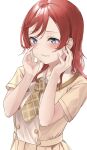  1girl bangs blue_eyes blush brown_necktie buttons clenched_teeth collared_shirt commentary double-breasted embarrassed hands_on_own_cheeks hands_on_own_face highres looking_at_viewer love_live! love_live!_superstar!! necktie plaid_necktie red_hair shinyoujurin shirt short_sleeves simple_background skirt solo swept_bangs teeth upper_body white_background yellow_shirt yellow_skirt yoneme_mei 
