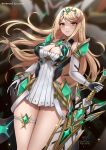  1girl aegis_sword_(xenoblade) bangs bare_legs bare_shoulders blonde_hair breasts chest_jewel cleavage cleavage_cutout clothing_cutout dress earrings elbow_gloves gloves hand_on_hilt headpiece highres holding holding_sword holding_weapon jewelry large_breasts long_hair looking_at_viewer mythra_(xenoblade) planted planted_sword ryuuneart short_dress smile solo swept_bangs sword thigh_strap tiara very_long_hair weapon white_dress xenoblade_chronicles_(series) xenoblade_chronicles_2 yellow_eyes 