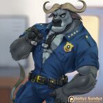  1:1 2016 abs anthro badge belt body_hair bovid bovine cattle chest_hair chief_bogo clothing disney eyewear fur glasses grey_body grey_fur holding_eyewear holding_glasses holding_object horn male mammal muscular muscular_anthro muscular_male police police_uniform sollyz solo text uniform url zootopia 