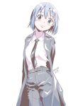  1girl alternate_costume arms_behind_back black_necktie blue_eyes blue_hair blush coat collared_shirt commentary_request grey_pants head_tilt looking_at_viewer mahou_shoujo_madoka_magica miki_sayaka mr_nini necktie pants shirt shirt_tucked_in short_hair smile solo white_background white_shirt 